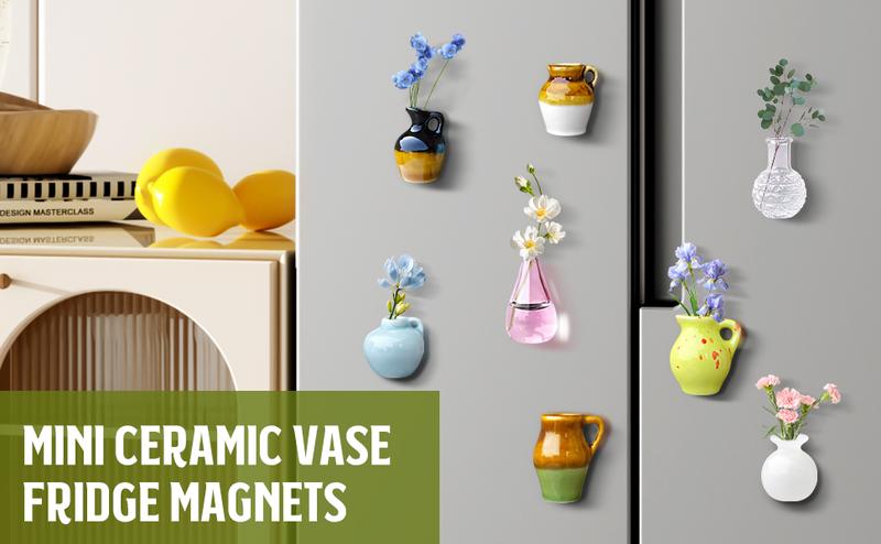 8 PCS Mini Vase Magnets, 3D Ceramic Flower Vase Fridge Magnets Cute Tiny Plant Vases for Refrigerator Accessories Kitchen Locker Office Decoration, Magnetic Vases Home Decorative Fridge Art