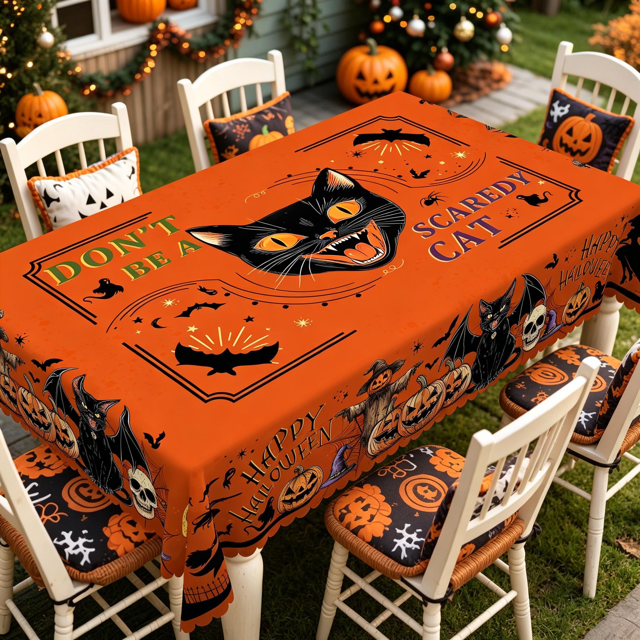 BOOPBEEP Halloween Printed Tablecloth - Vintage Farmhouse Style, Pumpkin & Black Cat Patterns, Rectangular/Round Dining/Kitchen Cover, Nostalgic Halloween Decor, Brunches Indoors Use, Holiday Gift, Pumpkin Ghost Pattern Kitchen Linen Sets, Decoration, Ind
