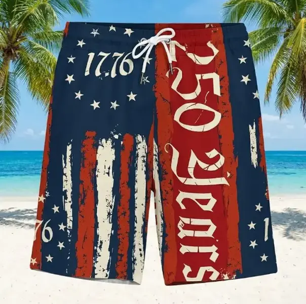 Men's 1776-2026 USA 250th Anniversary USA Flag Shorts - Summer Breathable Bird's Eye Mesh Lining Swim Trunks, Gift for Him