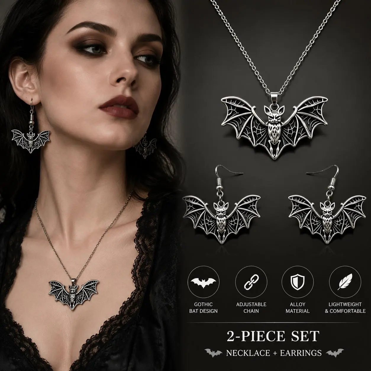 Unisex Stainless Steel Bat Silhouette Gothic Pendant Necklace - Alloy, Electroplated Surface, Adjustable Extended Chain Gothic Jewelry 2-Piece Set, Securely Constructed, Long-Wearing Halloween Aesthetic Daily Accessories, Animals, 20G Per Set
