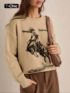 Autumn Winter Retro Western Style Denim Animal Print Women's Round Neck Pullover Sweater, Long Sleeve Loose-Fitting Casual Top, Casual Pullover Tops