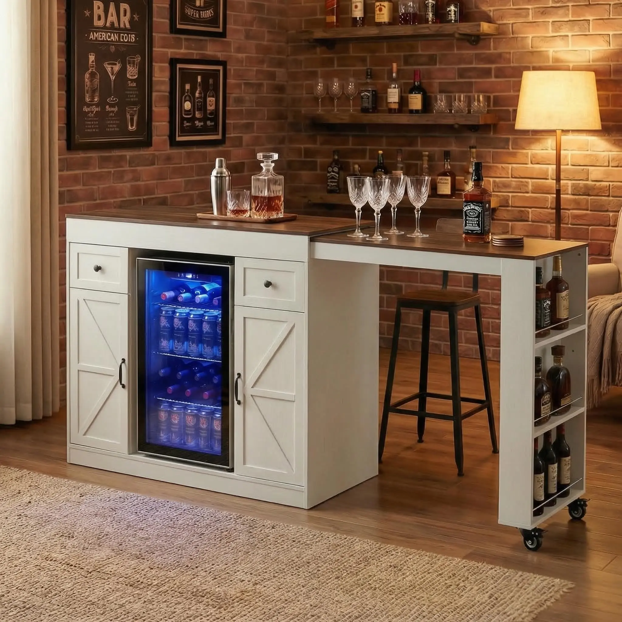 Coffee Bar Cabinet with Fridge Storage Space, Extendable &Black | Large Mini Fridge Cabinet with Pull-out Table, Sideboard Buffet with Drawers, Snack Bar Cabinet with Side
