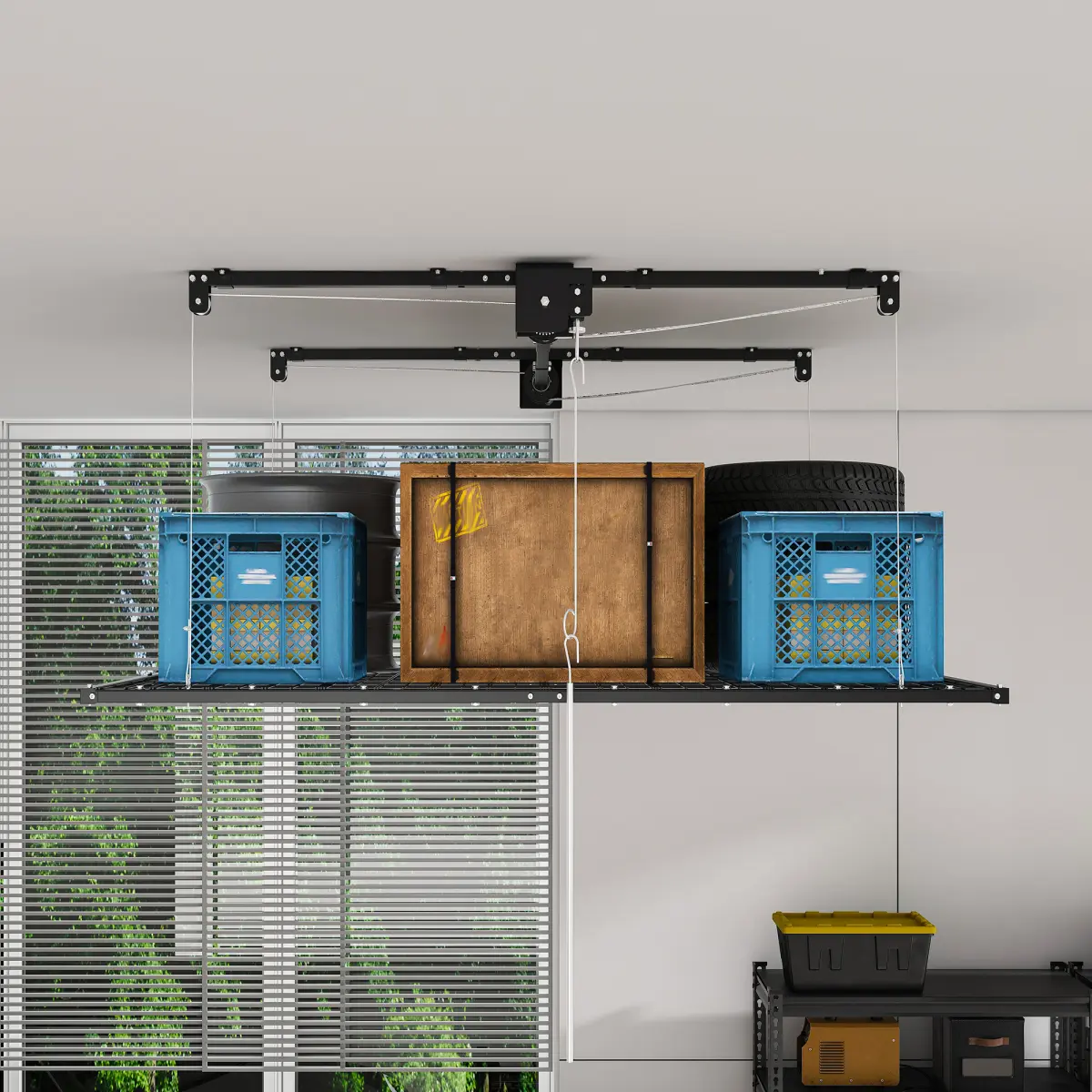 Industrial 4x8FT Carbon Steel Garage Overhead Storage Rack, 95.98x47.24x78.74in Hand Crank Lifting Ceiling Organizer with 325LBS Capacity, Smooth Installation, Safety Lock for 10-12FT High Household Ceilings