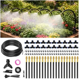 66FT Drip Irrigation System Kit Dual-Zone Garden Atomizing Watering System with 20 Copper 360? Adjustable Bendable Nozzles, Y-Splitter, Leak-Proof 1/4" Misting System for Garden Greenhouse Raised Beds
