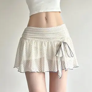 Women's Y2K Polka Dot A-Line Skirt with Built-In Shorts Ruffled Hem & Contrast Bow Detail Machine Washable Non-Stretch Tulle Mesh Fabric for Casual to Semi-Formal Wear