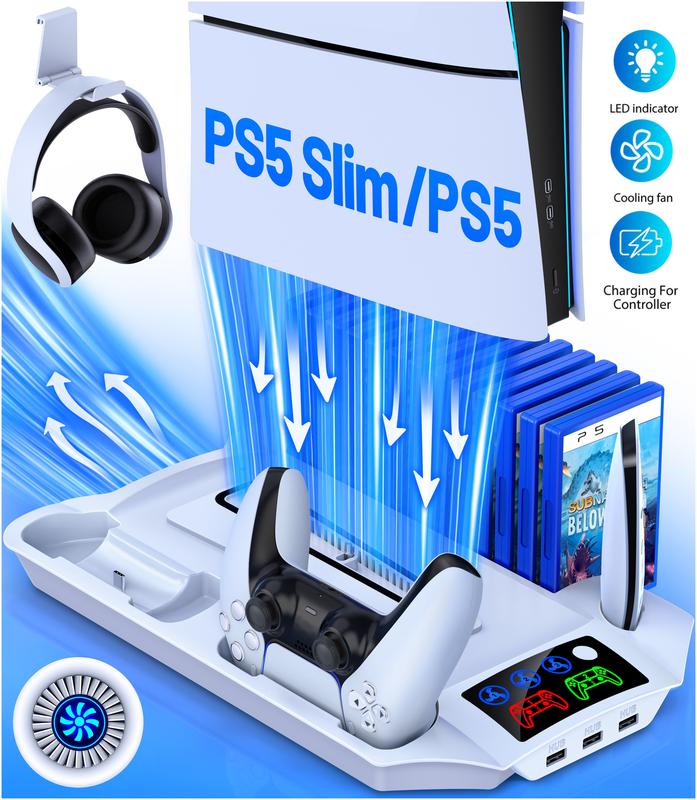 PS5 Slim Stand and Cooling Station with Controller Charging Station for Playsation 5 Slim&Standard Disc/Digital Console, PS5 Accessories Incl. Controller Charger/Turbo Fan/3 USB Hub/Headset Holder