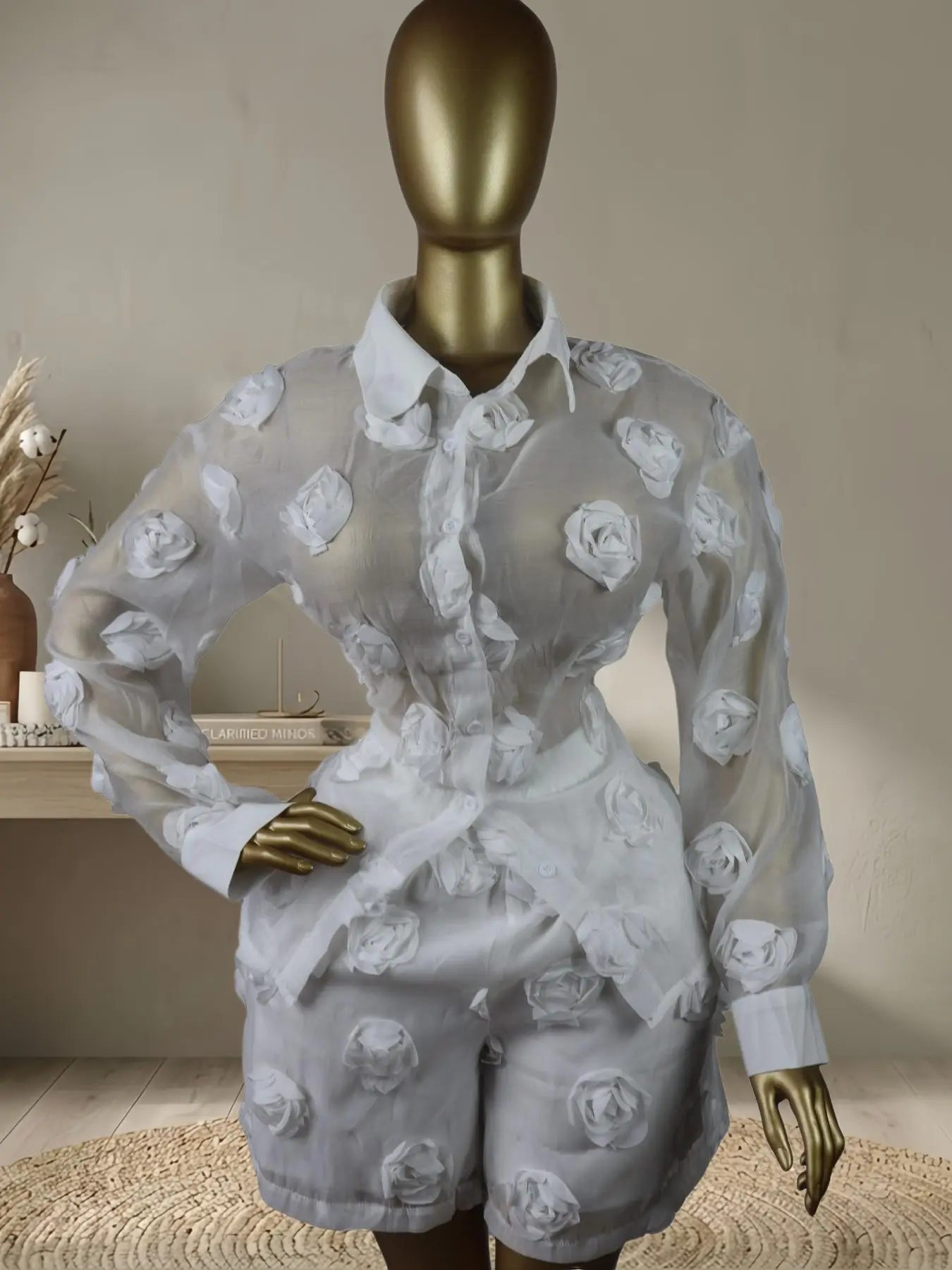 QFAF White Two Piece Set for Women 2026, Sheer Floral Long Sleeve Button Shirt with 3D Rose Appliqué, High Waist Tailored Shorts Matching Set, Elegant Chic Casual Fitted Slim Fit Outfit for Vacation, Date Night, Party, Summer Holiday Look, Top & Shorts