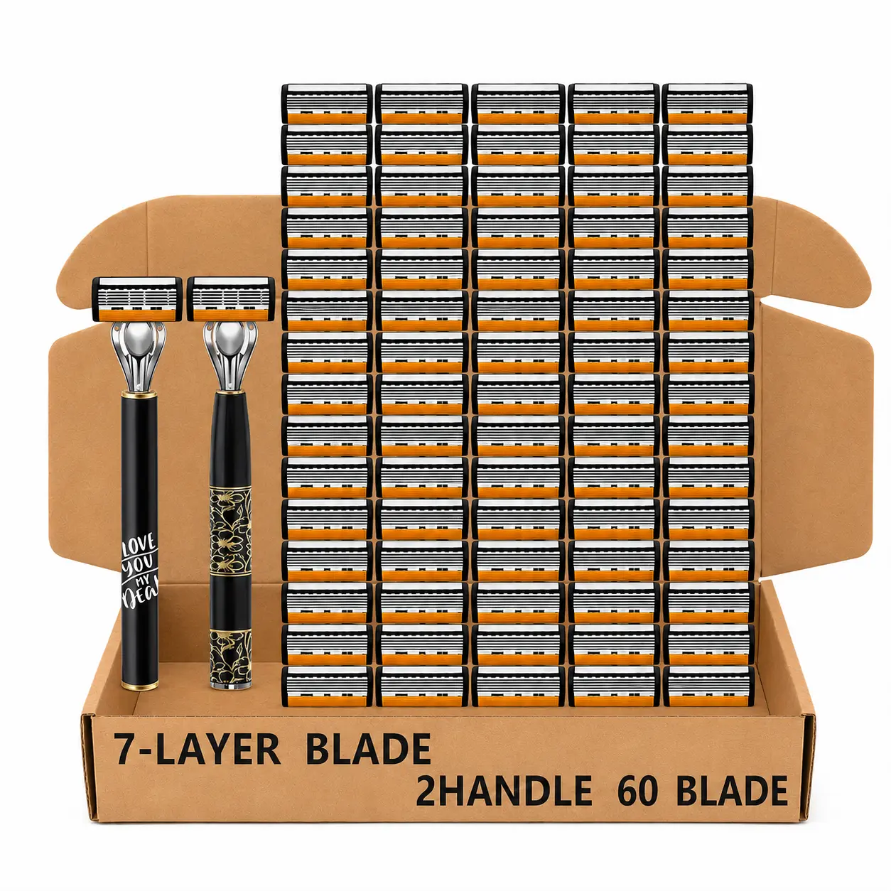 Men's 7-Layer Safety Razor Set - 60 Replacement Blades, 2 Handles, Sensitive Skin-Friendly, Close Shave for Thick Coarse Beards, Facial Shaving, Ideal Gift for Adults, Daily Use, 7-Layer Blade Design, Wood, Smooth Shave