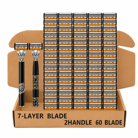 Men's Unscented 7-Blade Safety Shaving Razor Set - 2 Wood Manual Handles, 60 Cartridges, Sensitive Skin-Friendly, Beard Grooming Tools, Adults' Daily Face Tool, Gym Bag Compatible Ideal Gift, 1set Safety Shaving Razors