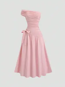 Women's Strapless Dress Solid Fashion Bow Ruffle Summer Sleeveless Fitted A-Line Dress Casual Elegant Cute Party Backless Dress