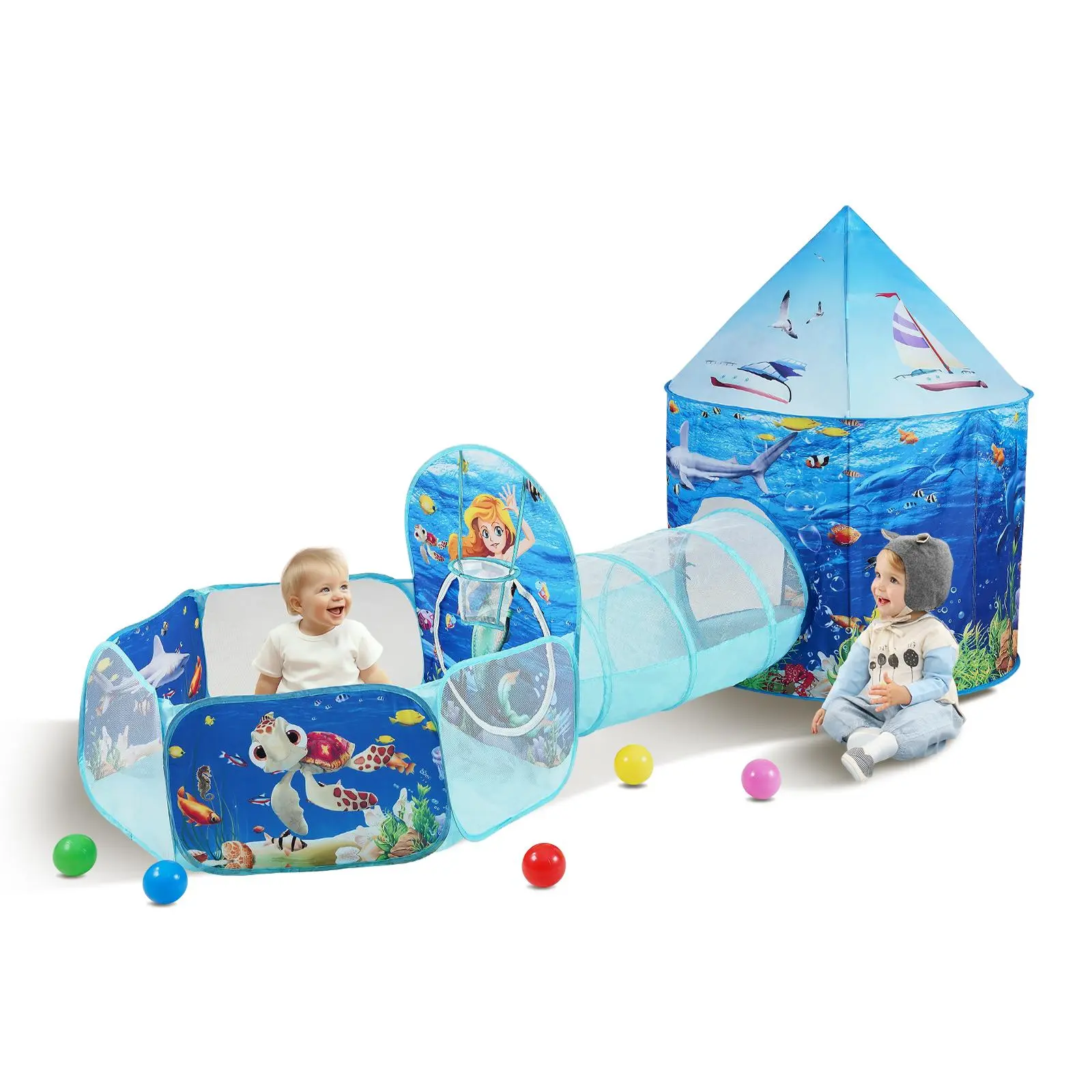 【SummerFinds】VEVOR Polyester 3-in-1 Unisex Toddler Tent Set - Kids Play House Set with Tunnel, Basketball Hoop, Carrying Bag, Banding Straps, Rockets, Ocean Themed Stuff, Climbing Feature, Blue Indoor/Outdoor Pop-Up Playhouse for Party, Birthday Gift