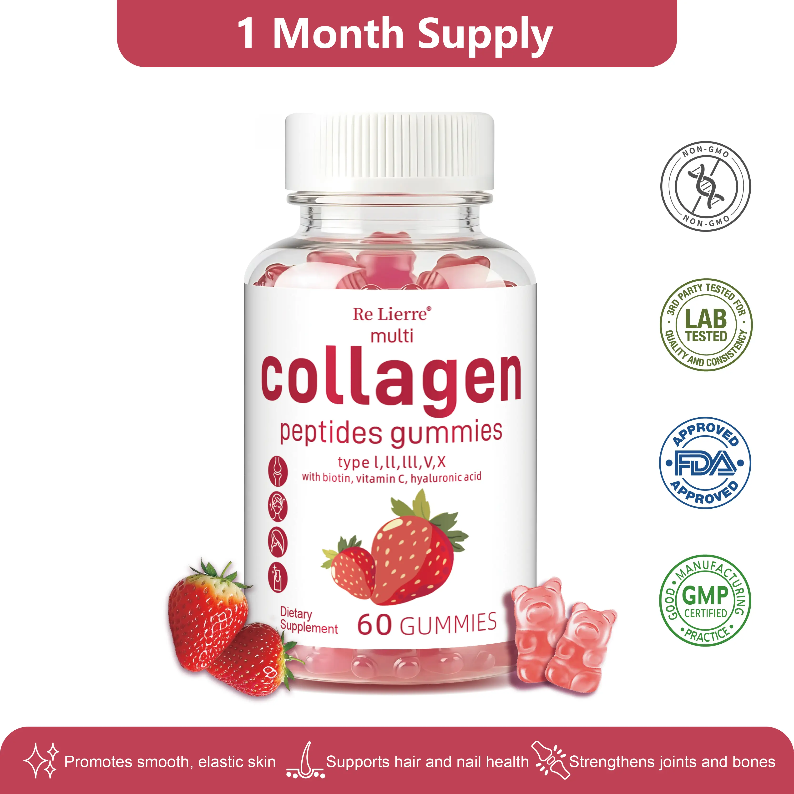 Multi Collagen peptides Gummies for Women & Adults | Type I, II, III, V, X with Vitamin C, E, Zinc, Biotin & Folate | Supports Hair, Nail, Skin, Bone