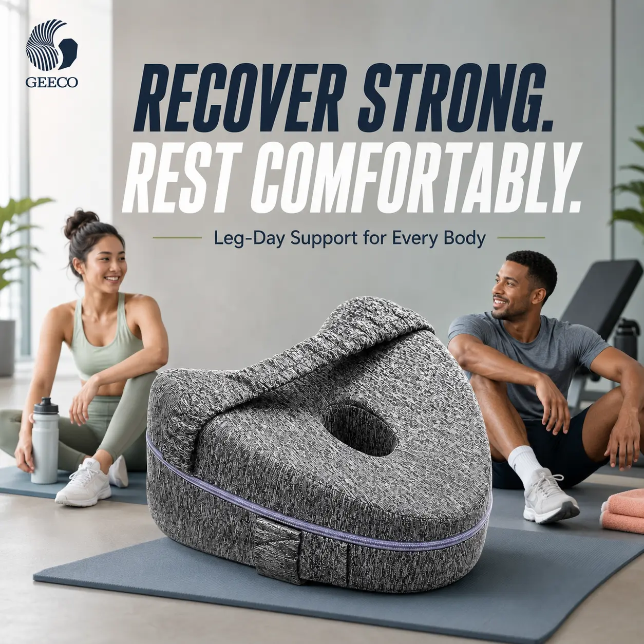 GEECO Memory Foam Knee Pillow with Adjustable Secure Strap for Side Sleepers & Active Lifestyles – Contoured Hip and Leg Support for Post-Workout Rest and Nighttime Comfort