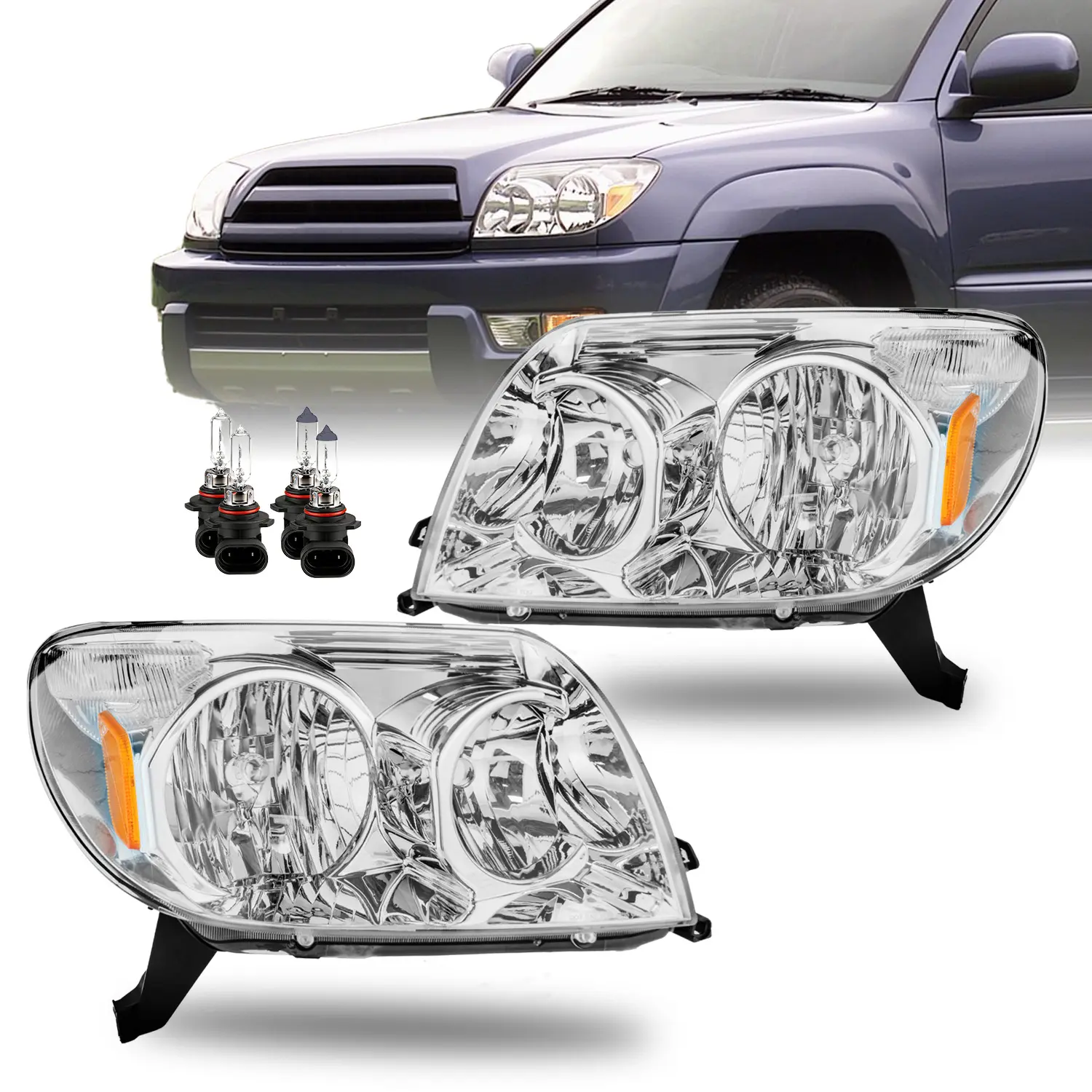 Headlight Assembly with Bulbs Compatible with 2003 2004 2005 Toyota 4Runner Headlamp Black Housing Replacement Pair#TO2502146,  TO2503146