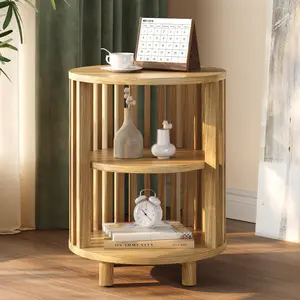 ONBRILL Round End Table, Wood Bedside Table, Mid Century Modern Nightstand with Open Storage Shelf, 3 Tier Small Side Tables for Living Room, Bedroom, Curved Profile Design【BlackFridayDeal】