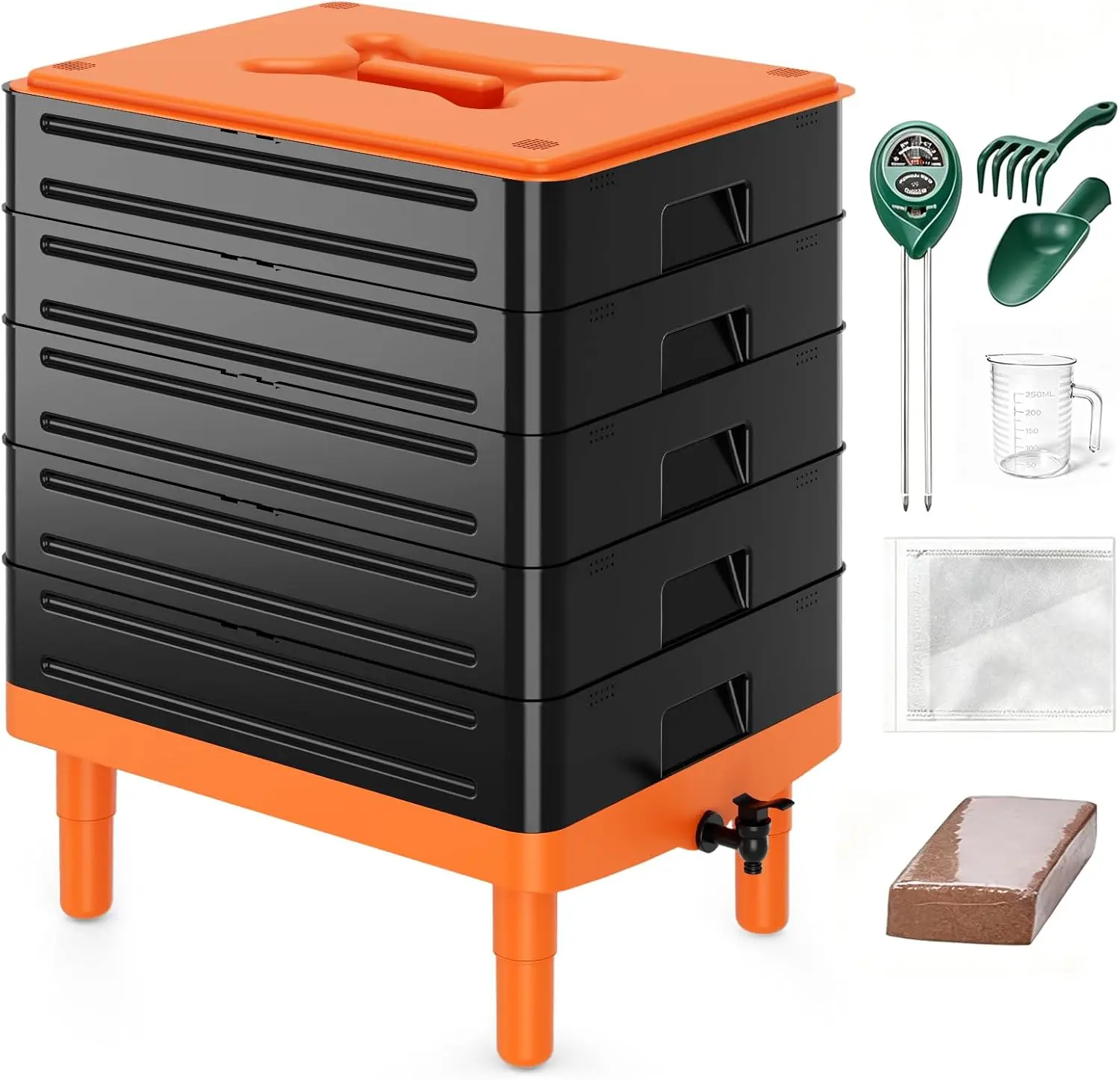 Worm Compost Bin, 5-Tray 26.5 Gal (100L) Indoor-Outdoor Vermicomposter, Food Waste Recycler with Tool Set for Home Gardening