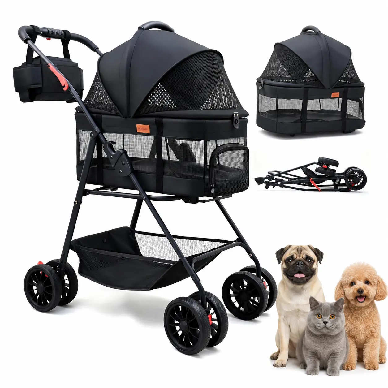 Dog & cat Stroller with Detachable Carrier, 33 lb Max Load, Black~