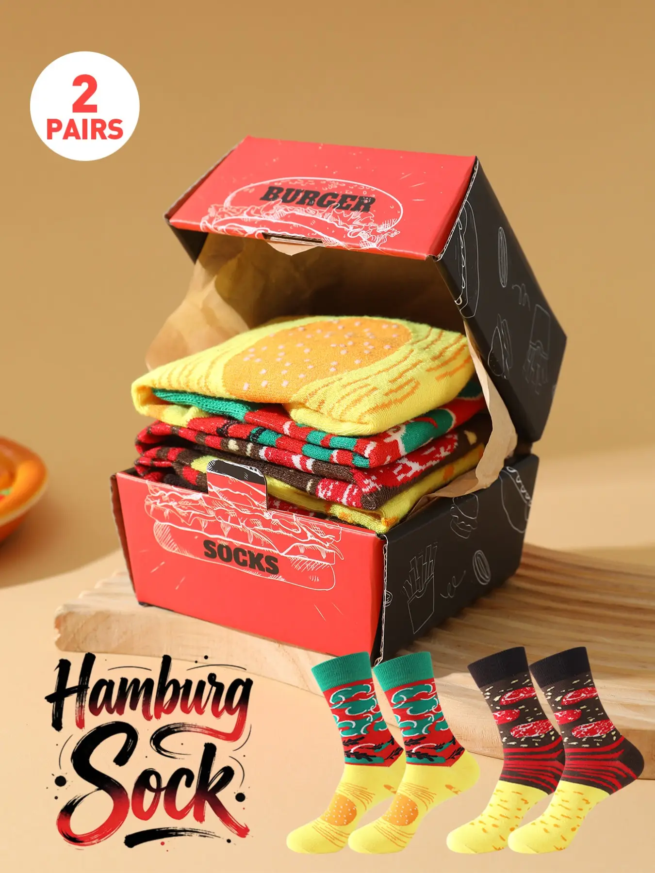 2 Pairs Fun Mid-Calf Gift Socks, Unisex Soft Comfortable Burger Novelty Socks, Creative Food Design, Perfect for All Seasons Ideal gift for Valentine's Day/Easter/Ramadan/Super Bowl/Family Day Surprise Gift for Partner & Family