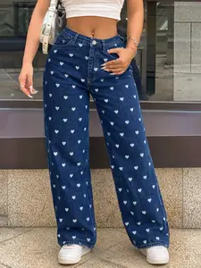 Y2K Heart Pattern Jeans, High Waist Fitted Ankle-Length Pants, Casual All-Seasons Denim, Zipper Fly Closure, H-Type Silhouette