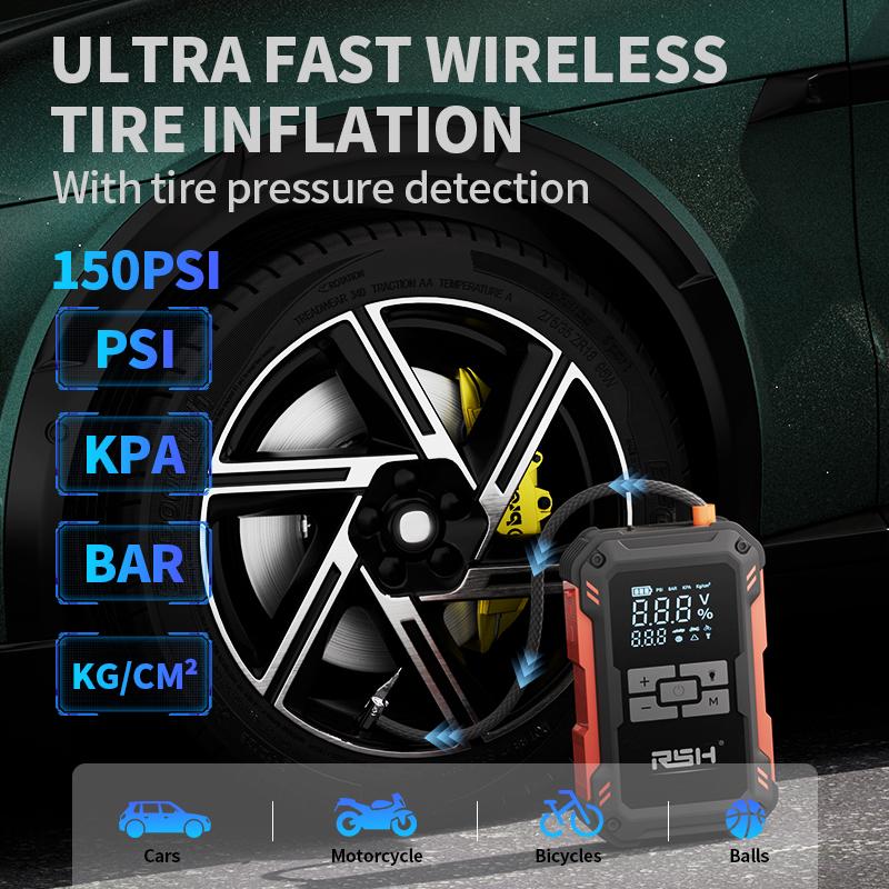 15000mAh Ultra-Safe Jump Starter – Starts all 12V battery vehicles. Features 150 PSI air compressor, 45W fast charging, tire pressure check, and LED light. Includes jumper cables, air hose, storage bag, and 4-in-1 charging cable