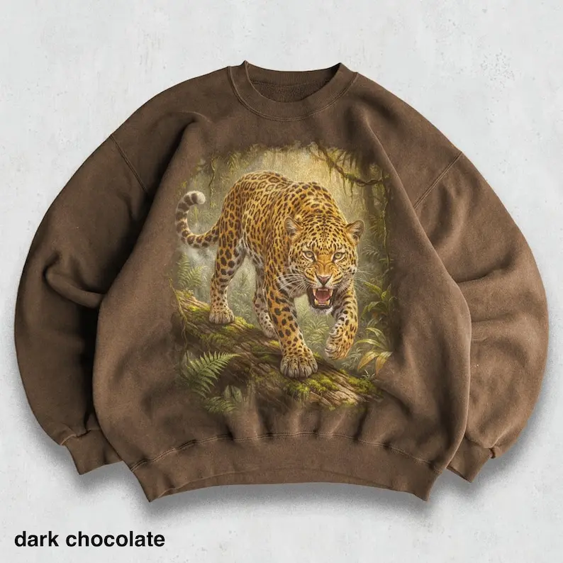 Retro Jaguar Wildlife Sweatshirt, Vintage 90s Rainforest Hunter Animal Crewneck, Spotted Jaguar Stalking Jungle, Bold Gift for Animal Lovers