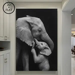 Wooden Frame Elephant Canvas Art Print - Black and White, Wall Decoration with Mother Elephant and Baby Elephant Illustration - Perfect for Living Room, Bedroom, Office - Unique Gift Idea, Room Decoration, Indoor Decoration