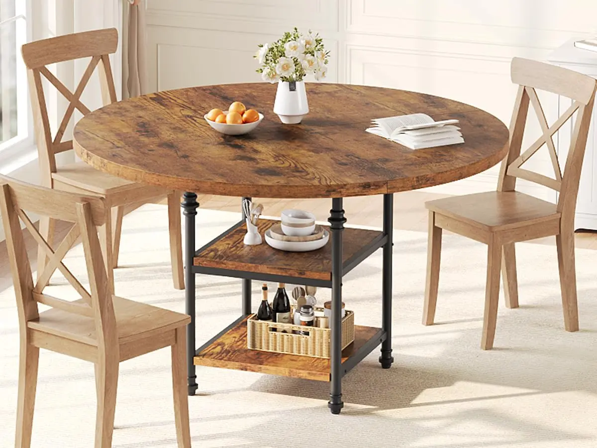 Garvee 47-inch Round Dining Table for 4 with Wooden Storage Shelves and Roman Metal Legs, Rustic Brown Finish, Perfect for Dining Room, Kitchen, or Living Room (Table Only)
