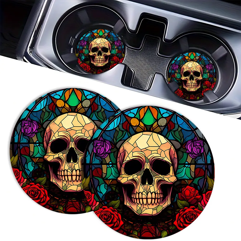 2pc Cup Holder Set - Stained Glass Gothic Rose Skull Rubber Mat, Absorbent Anti-Slip Grip Car Interior Accessories, Trendy Goth Girlfriend Gift for Auto, Set Of Two