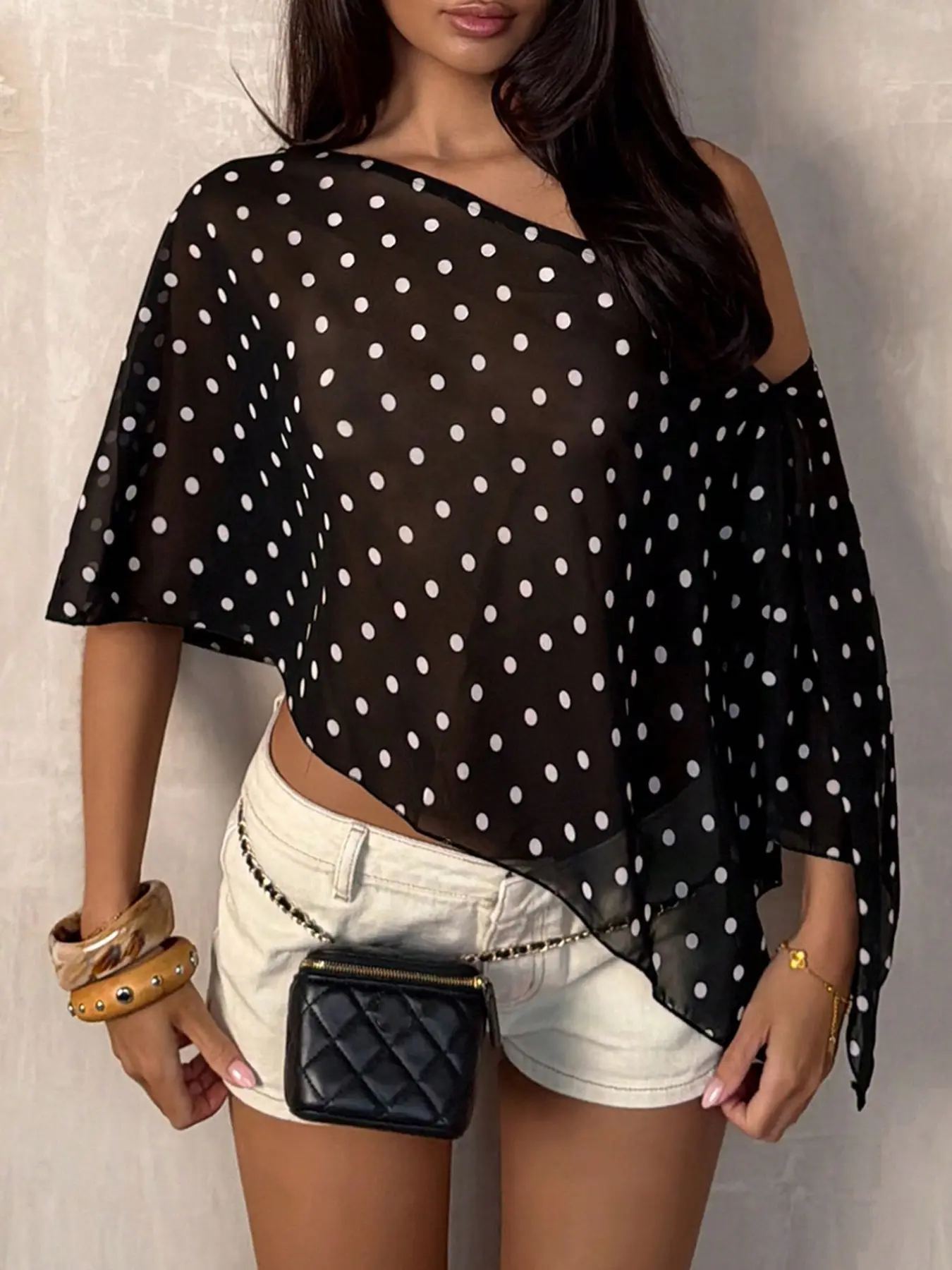 Chiffon Polka Dot Asymmetric Shoulder Mesh Women's Top, Semi-Transparent Chiffon Polka Dot Summer Batwing Sleeve Shirt, Fashion Casual Summer Wear