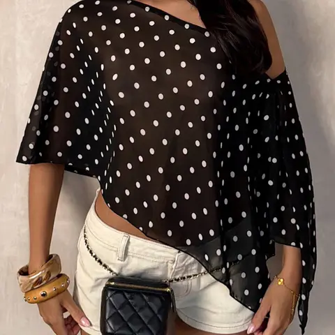 Chiffon Lightweight Polka Dot Asymmetric Shoulder Design Blouse, Semi-Transparent Batwing Sleeve Top, Fashion Casual Daily Tops Summer Women's Clothing, Loose-Fit Regular Length Shirts, Asymmetrical Blouse