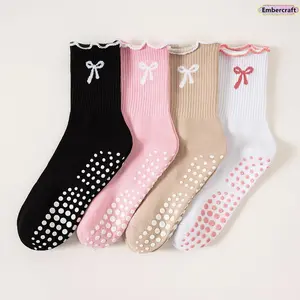 Embercraft Non-Slip Women's Sports Socks with Lace Bow for Fitness Yoga Pilates Professional Running Workout Socks for Stability Comfort
