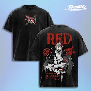 Retro Limited Shanks Red One Piece Vintage Unisex Oversized Anime Graphic Tee Y2K Double Printed Acid Washed Cotton T-Shirt Streetwear, Outfits Men Top Manga Game Movie Gift Lover Merch