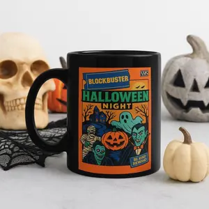 Retro Blockbuster Halloween Mug Featuring Classic Monsters VHS Horror Style Black Coffee Cup Perfect for Spooky Season Fans