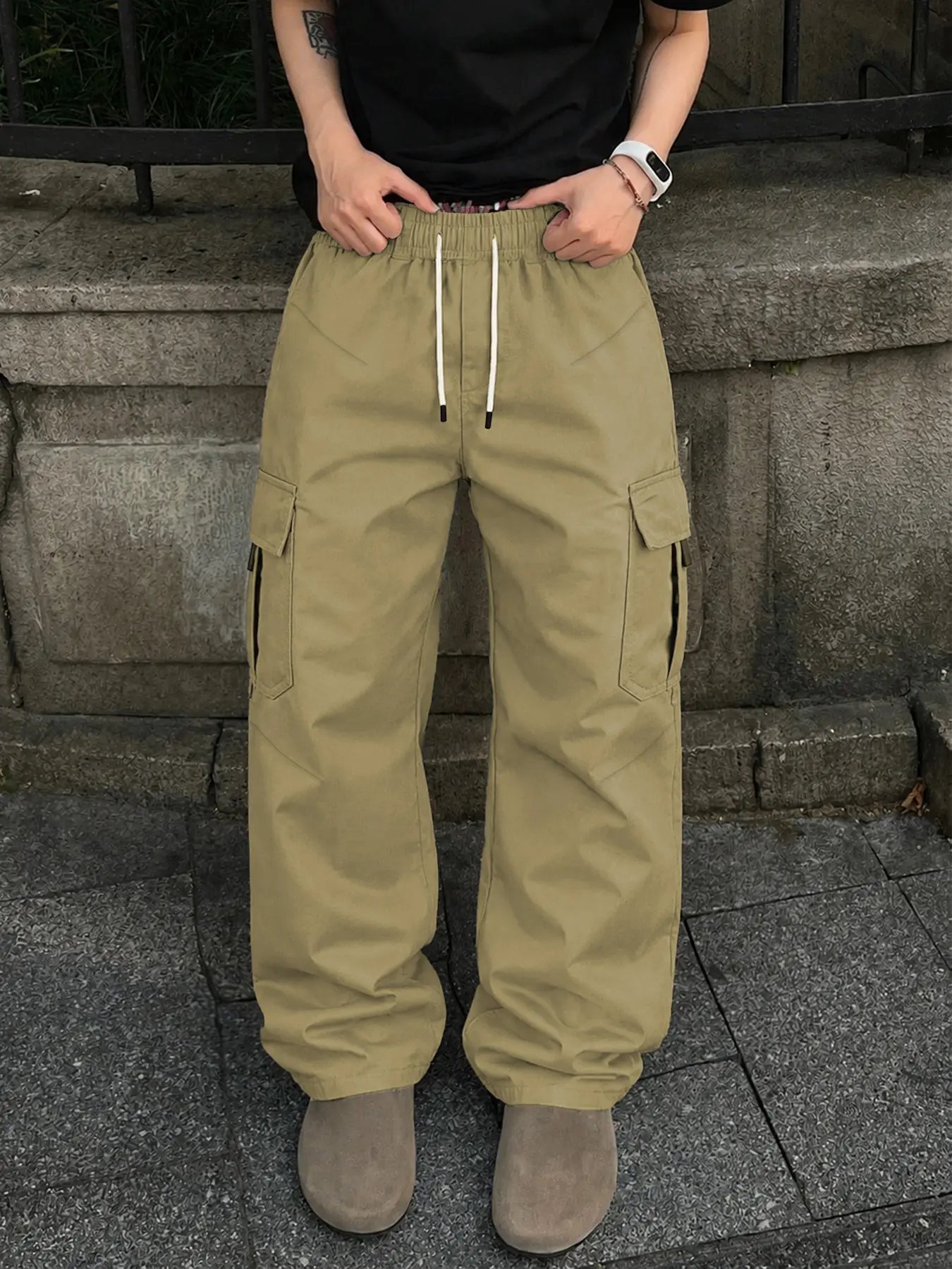Men’s elastic drawstring wide-leg cargo pants, black, multi-pocket streetwear loose casual trousers