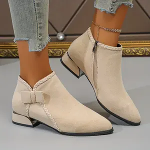 New Autumn/Winter Women's Mid-Heel Ankle Boots, Pointed Toe Single Boot with Bow, Fashionable and Versatile, Chunky Heel, Side Zipper, Women Shoes