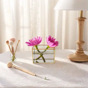 A 1L rectangular and short desktop glass vase with gold - inlaid edges,  no welding points, and waterproof, suitable for Valentine's Day,  Mother's Day, and Christmas. Decor Flower