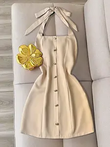 French Halter Neck Belted Waist Dress, Elegant Light Mature Style, Satin Texture Single Button Slim Short Skirt, Perfect for Dates and Office
