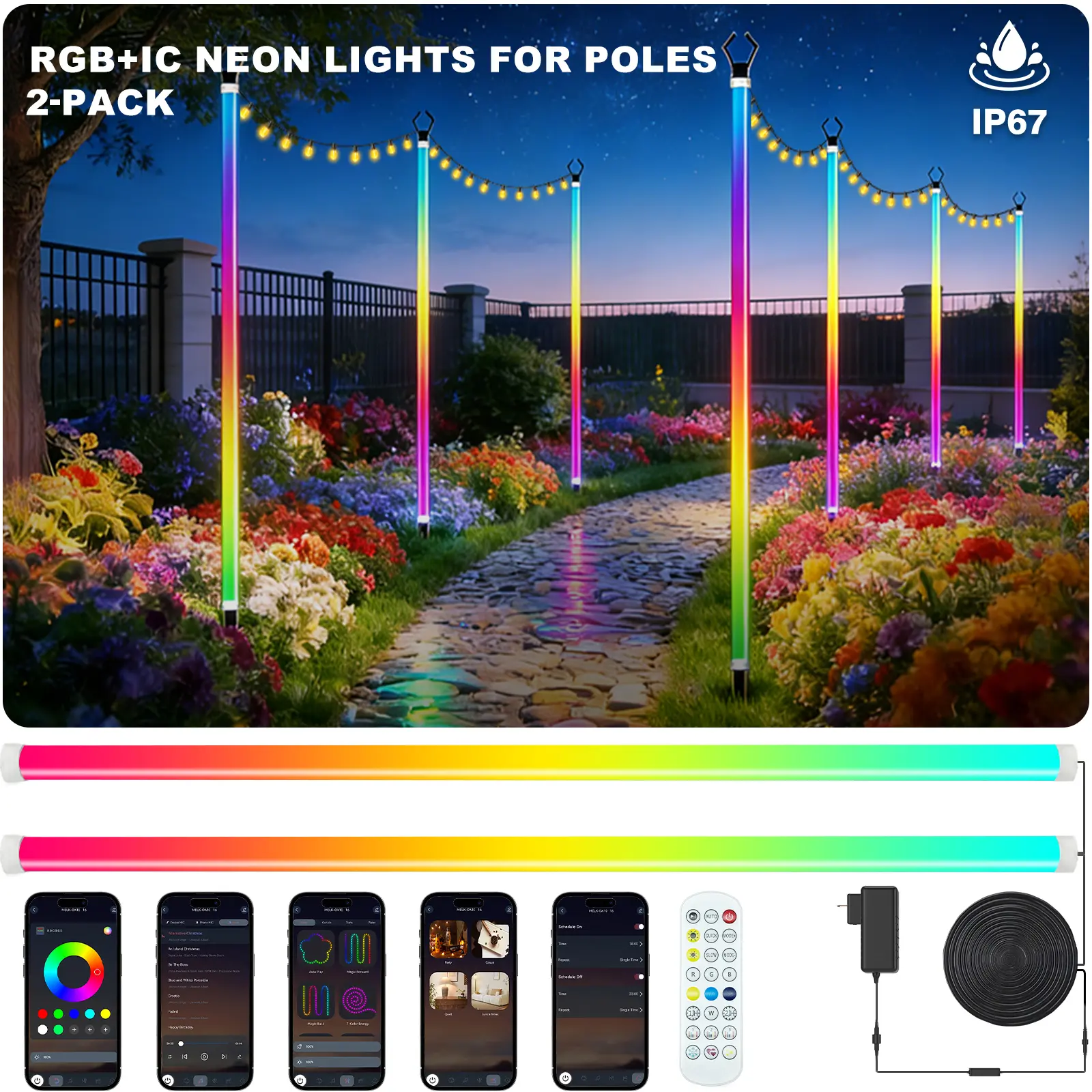 RGB Pole Neon Lights, Waterproof 8-12W 110V AC Outdoor Fixture with 150+ Light Effects, 0.8-1in Diameter for Summer Patio Backyard Decor