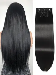 24 Inch Long Straight Clip-in Hair Extension, Natural Flat Black Hair Extension for Women, Synthetic Hair Extensions for Party, Daily Use, Synthetic Soft Hairpieces