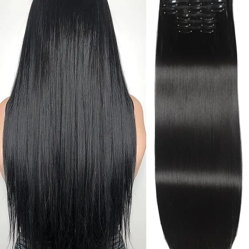 24 Inch Long Straight Clip-in Hair Extension, Natural Flat Black Hair Extension for Women, Synthetic Hair Extensions for Party, Daily Use, Synthetic Soft Hairpieces, Hair Extensions Clip Ins
