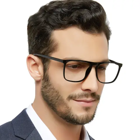 MARE AZZURO Men's Square Frame Eyeglasses - Full Rim Food Grade Plastic Resin, Lightweight, Durable & Flexible Spring Hinge, B-Clear, Anti-Reflective, Ear & Head Damage-Reducing, Blue Light Blocking Computer Glasses for Adults