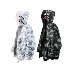 Unisex American High Street Double Hood Camo Shark Zip Up Hoodie, Fleece Lined Thickened Embroidered Cardigan, Loose Hip Hop Original Chinese Streetwear Couple Coat for Autumn Winter