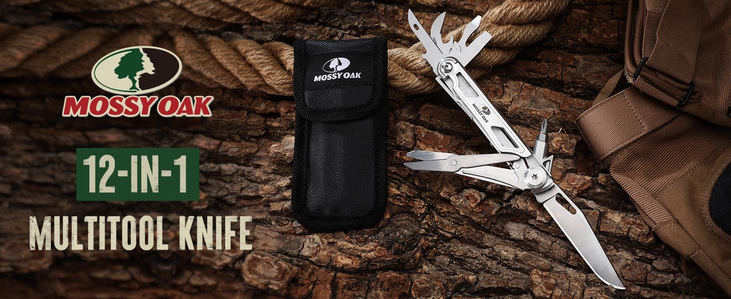 Mossy Oak 12-in-1 Multitool Pocket Knife with Pouch, Stainless Steel Multitool Knife with Clip, Survival Tools with Scissors, Bottle Opener, Wire Stripper, Glass Breaker, Screwdriv