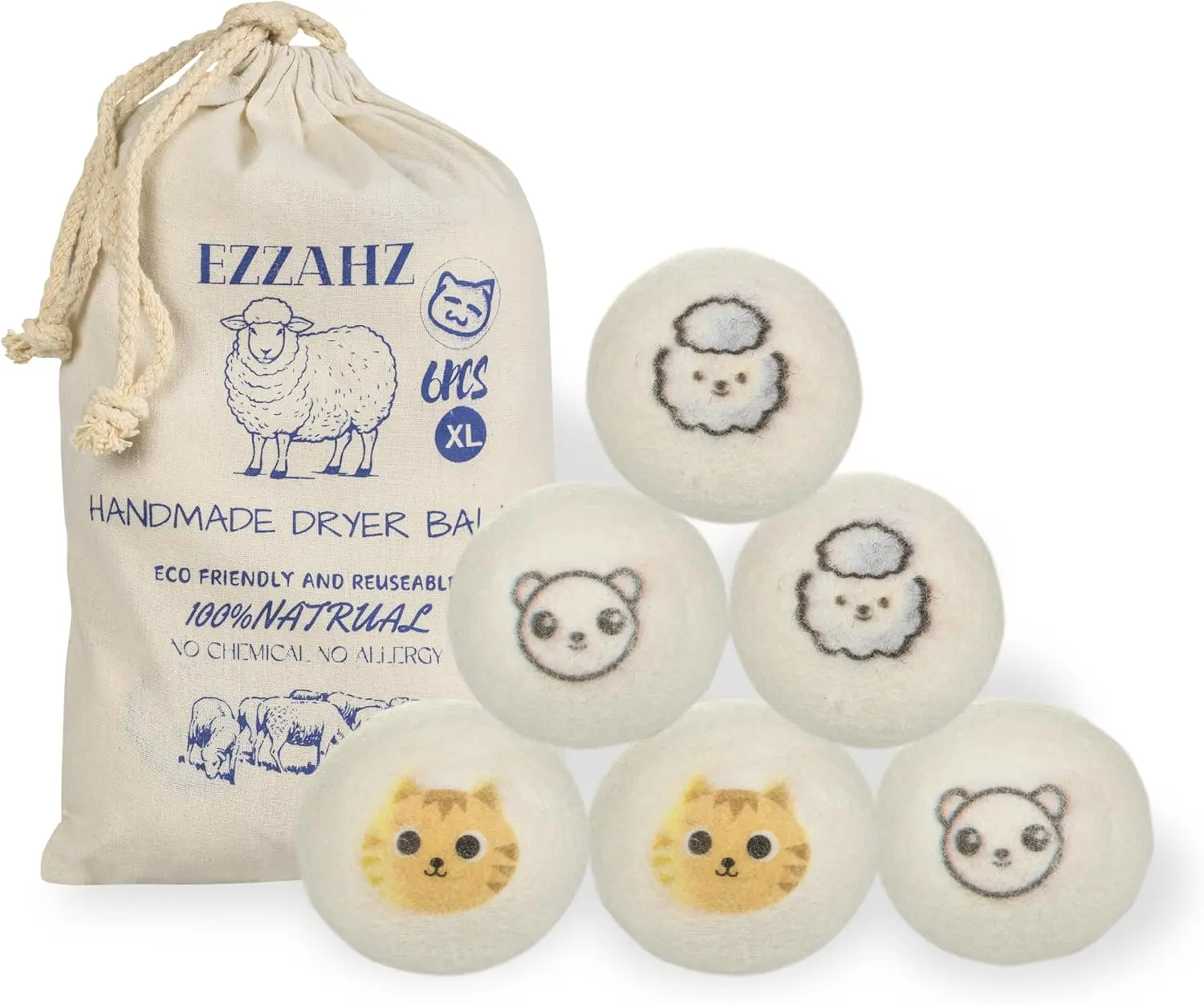 Eco-Friendly Wool Dryer 100% Organic Wool Dryer Balls,Natural Fabric Softener, Reusable, Reduces Drying Time, Softens Clothes, Chemical Free Ideal for Sensitive Skin(Pack of 6)