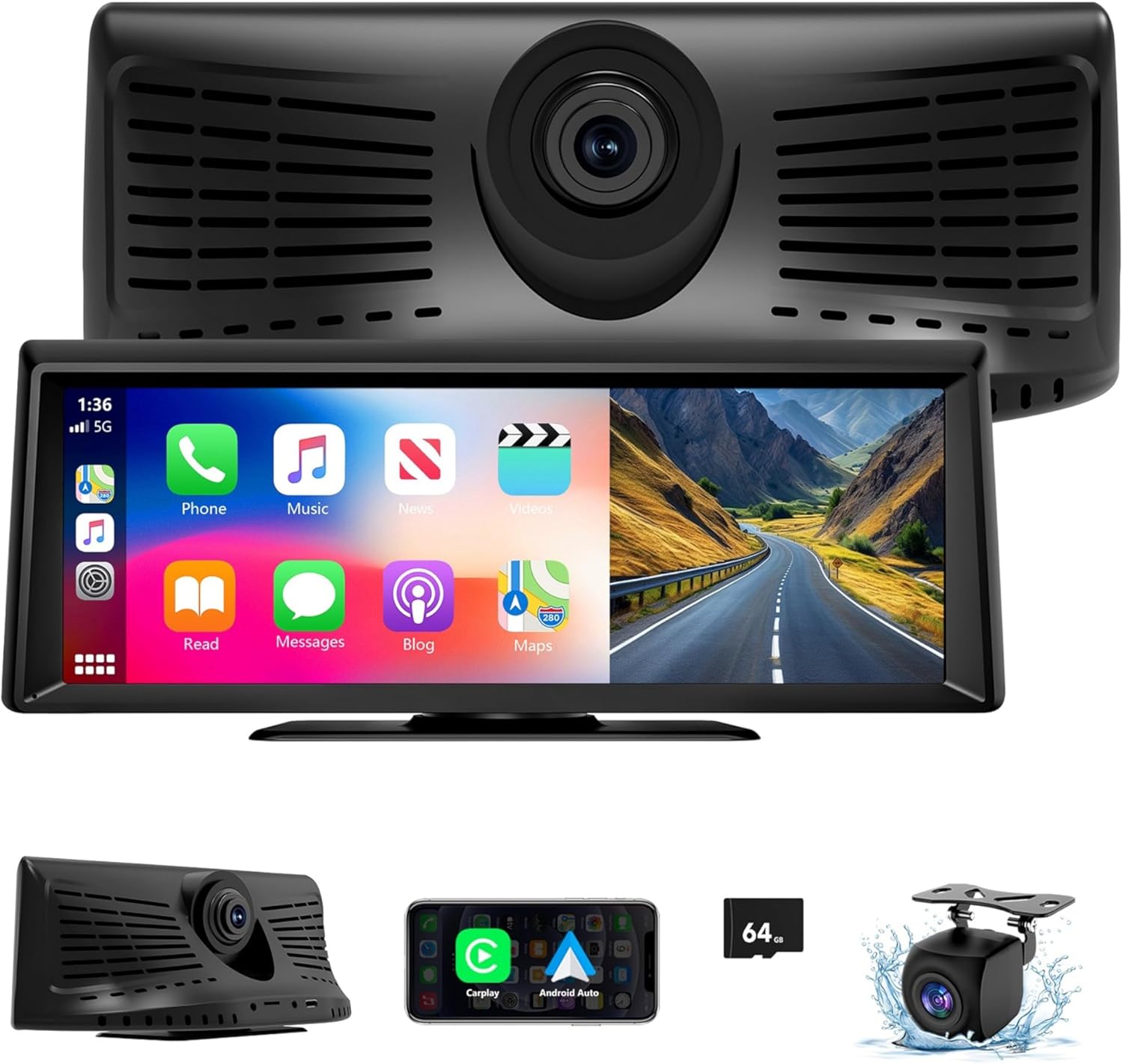 【Hieha】2026 Top-Rated Carplay Dash Cam:Updated 8.14" Portable Touchscreen with Wireless Carplay, Android Auto, 1080P Bac
