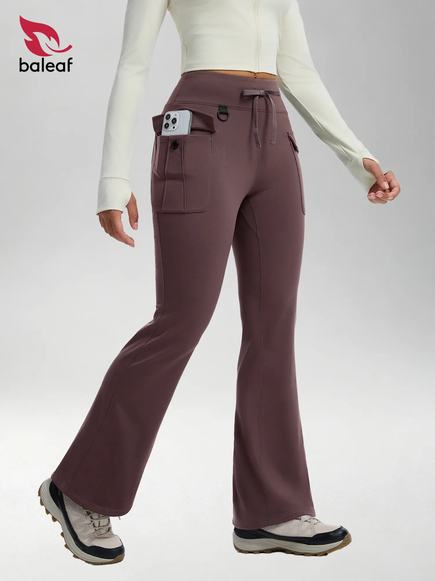 BALEAF Women's Fleece Lined Cargo Bootcut Pants High Waisted Thermal Flare Leg Stretch Knit Casual Pants with Utility Pockets for Winter Hiking Travel Outdoor Lounge Daily Wear