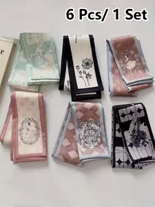 6 Pcs / 1 Set Vintage Girl Elegant French Style Polyester Floral Print Scarf Set, Women and Girls, Retro Hairband, Woven Ribbon, Multifunctional Use Scarf, Bag Accessories All Seasons, Vintage Appeal, Polyester Material