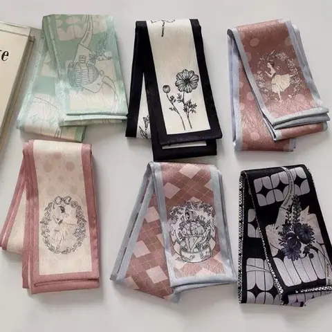 6 Pcs / 1 Set Vintage Girl French Style Polyester Floral Print Scarf Set, Women and Girls, Retro Hairband, Woven Ribbon, Multifunctional Use Scarf, Scarf For Hair, Bag Accessories All Seasons, Vintage Appeal, Polyester Material