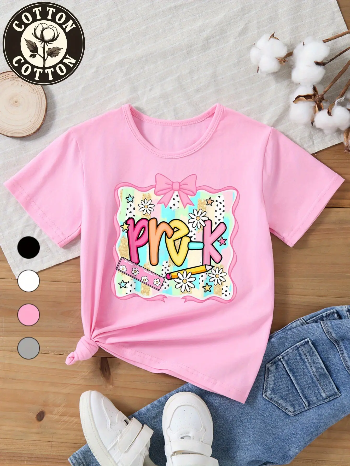 Pre-K Girls T-Shirt Coquette Pink Bow Daisy Pencil Ruler Pastel Frame Groovy Letter Short Sleeve Cotton Pink First Day Of Preschool Kids Tee