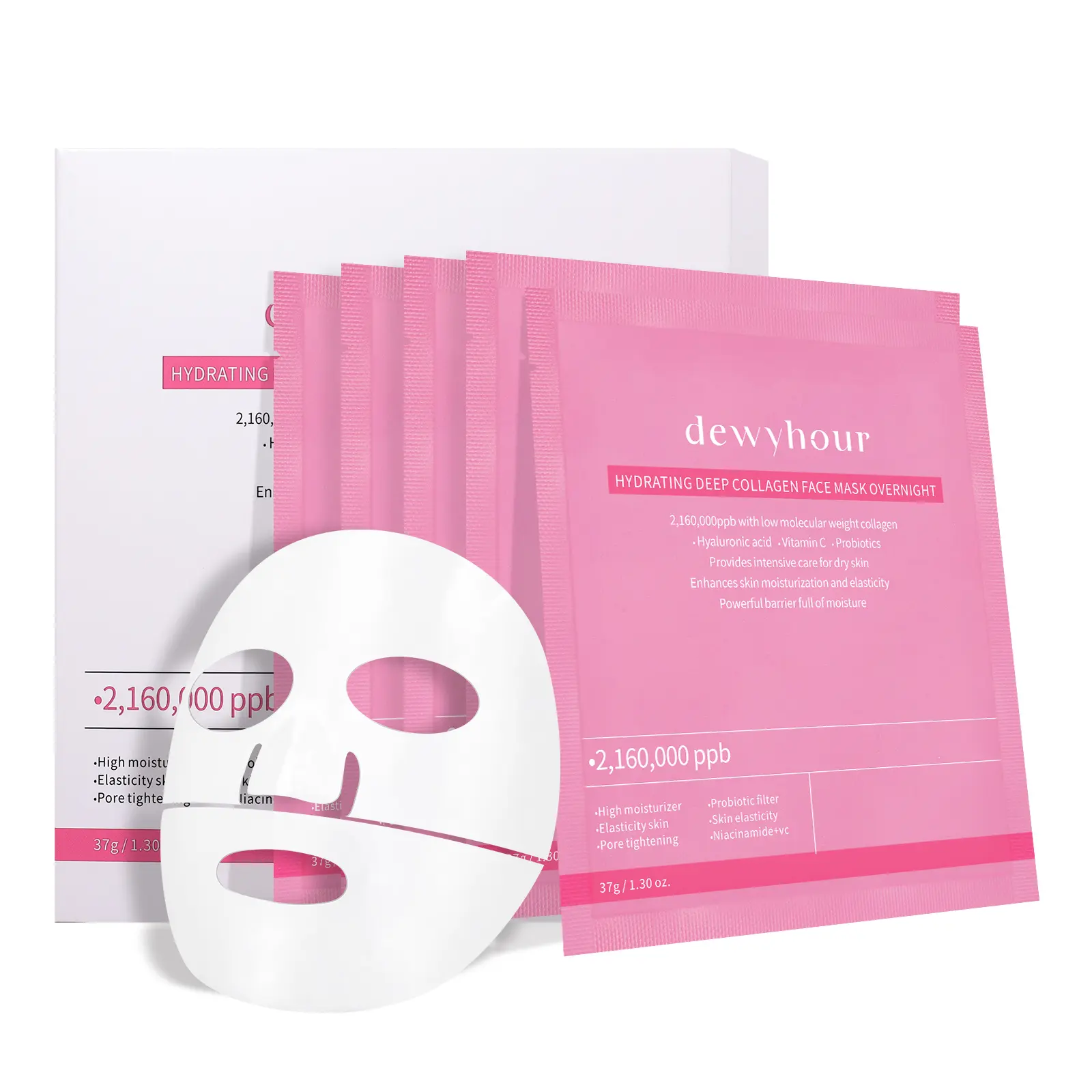 dewyhour 5PACK Deep Collagen Overnight   Sheet Mask:Hydrating Collagen Face Mask with Hyaluronic acid &Vitamin C, Pore Minimizing, Elasticity Skin
